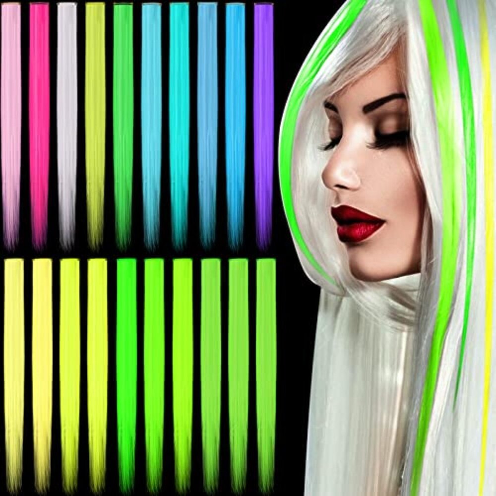 20 Pcs Glow in The‎ Dark Colored Hair Extensions 20 Inch Straight Color Clip